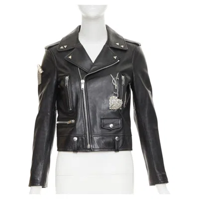 Pre-owned Saint Laurent 2017 Pearl Heart Embellished Black Lambskin Biker Jacket S