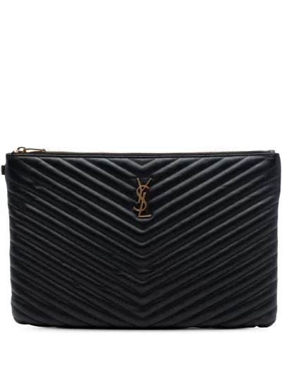 Pre-owned Saint Laurent 2017 Quilted Chevron Leather Monogram Document Holder Clutch Bag In 黑色