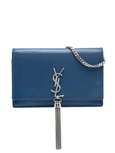 Pre-owned Saint Laurent 2017 Small Smooth Calfskin Monogram Kate Tassel Crossbody Bag In Blue