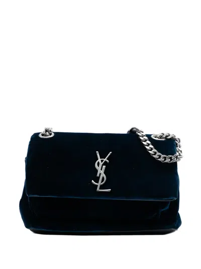 Pre-owned Saint Laurent 2017 Small Velvet Monogram West Hollywood Crossbody Bag In Blue
