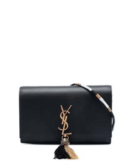 Pre-owned Saint Laurent 2017 Smooth Calfskin Monogram Kate Bicolor Tassel Wallet On Strap Crossbody Bag In Black