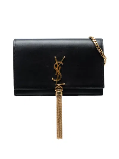 Pre-owned Saint Laurent 2017 Smooth Calfskin Monogram Kate Tassel Chain Wallet Crossbody Bag In Black