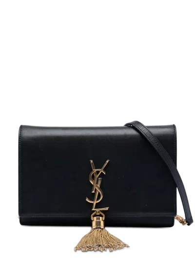 Pre-owned Saint Laurent 2017 Smooth Calfskin Monogram Kate Tassel Chain Wallet Crossbody Bag In Black