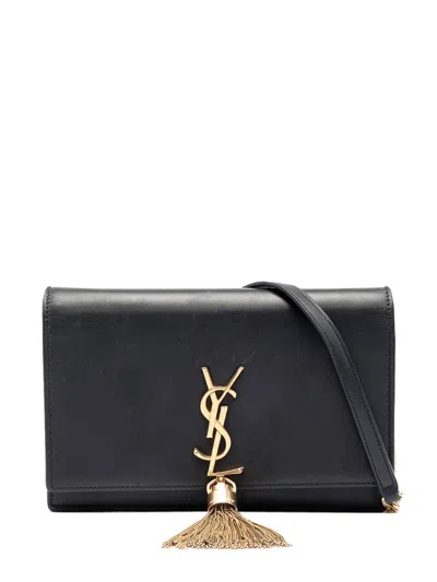 Pre-owned Saint Laurent 2017 Smooth Calfskin Monogram Kate Tassel Chain Wallet Crossbody Bag In Black