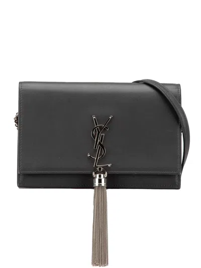 Pre-owned Saint Laurent 2017 Smooth Calfskin Monogram Kate Tassel Chain Wallet Crossbody Bag In Grey