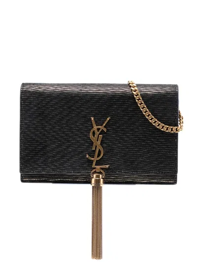 Pre-owned Saint Laurent 2017 Suede Monogram Kate Tassel Wallet On Chain Crossbody Bag In Black