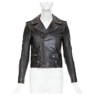 Pre-owned Saint Laurent 2017 Thunder Studded Distressed Calfskin Moto Bike Jacket Fr38 M In Black