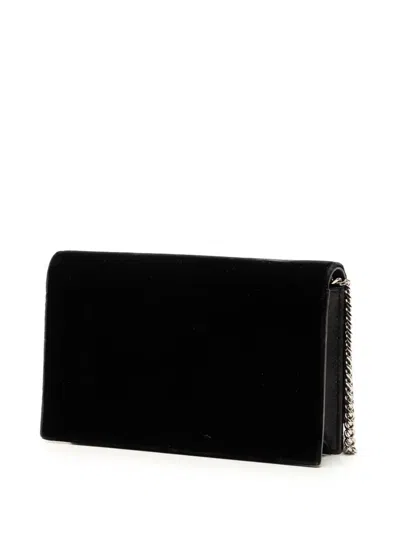 Pre-owned Saint Laurent 2017 Velvet Crystal Monogram Kate Tassel Wallet On Chain Crossbody Bag In Black