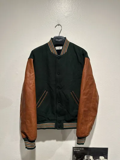 Pre-owned Saint Laurent 2017 Wool Leather Sleeved Varsity Teddy Jacket 54 In Multi