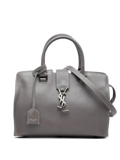 Pre-owned Saint Laurent 2018 Baby Leather Monogram Downtown Cabas Satchel In Gray