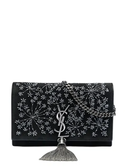 Pre-owned Saint Laurent 2018 Beaded Suede Monogram Kate Tassel Wallet On Chain Crossbody Bag In Black