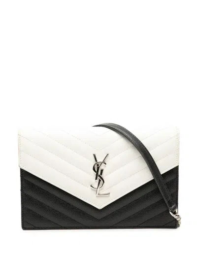 Pre-owned Saint Laurent 2018 Bicolor Grain De Poudre Cassandre Envelope Chain Wallet Crossbody Bag In Black