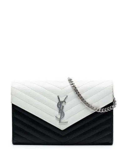 Pre-owned Saint Laurent 2018 Bicolor Grain De Poudre Chevron Monogram Envelope Chain Wallet Crossbody Bag In Black