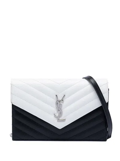 Pre-owned Saint Laurent 2018 Bicolor Grain De Poudre Chevron Monogram Envelope Chain Wallet Crossbody Bag In Black