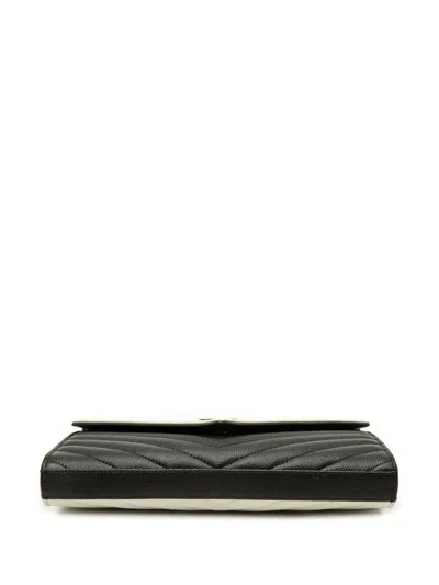 Pre-owned Saint Laurent 2018 Bicolor Grain De Poudre Chevron Monogram Envelope Chain Wallet Crossbody Bag In Black