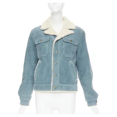Pre-owned Saint Laurent 2018 Blue Suede Cream Shearing Lined Trucker Jacket Fr44 Xs In White