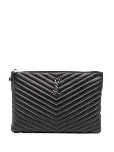 Pre-owned Saint Laurent 2018 Calfskin Matelasse Monogram Document Holder Clutch Bag In Black