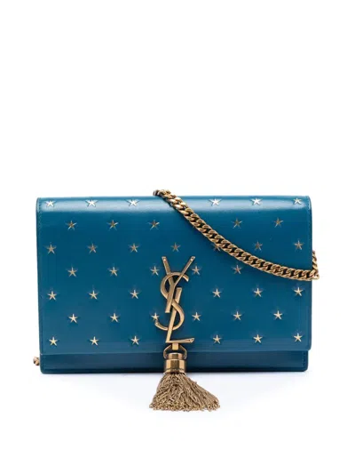Pre-owned Saint Laurent 2018 Calfskin Star Print Classic Monogram Kate Tassel Wallet On Chain Crossbody Bag In Blue