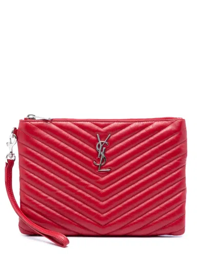 Pre-owned Saint Laurent 2018 Chevron Leather Monogram Zip A5 Wristlet Pouch Clutch Bag In Red