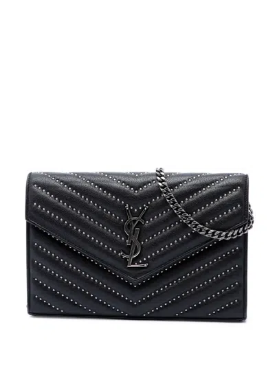 Pre-owned Saint Laurent 2018 Chevron Studded Sheepskin Monogram Envelope Chain Wallet Crossbody Bag In Black