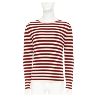 Pre-owned Saint Laurent 2018 Cream Red Black 100% Virgin Wool Horizontal Striped Sweater S In White
