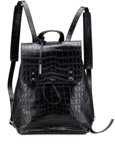 Pre-owned Saint Laurent 2018 Croc Embossed Calfskin Sac De Jour Backpack In Black