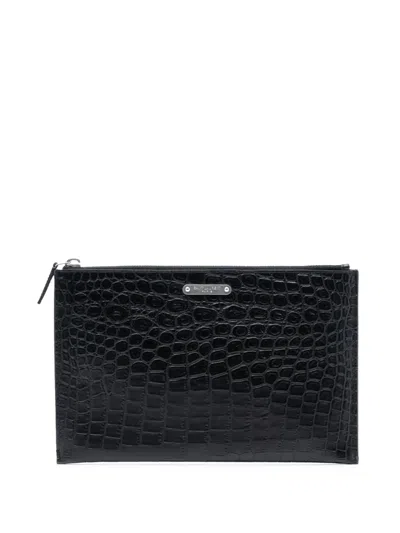 Pre-owned Saint Laurent 2018 Croc Embossed Leather Clutch Bag In Black