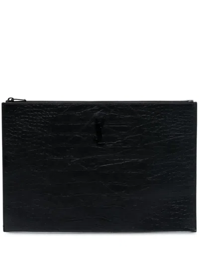 Pre-owned Saint Laurent 2018 Croc Embossed Leather Monogram Clutch Bag In Black