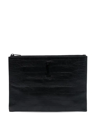 Pre-owned Saint Laurent 2018 Croc Embossed Leather Monogram Document Holder Clutch Bag In Black
