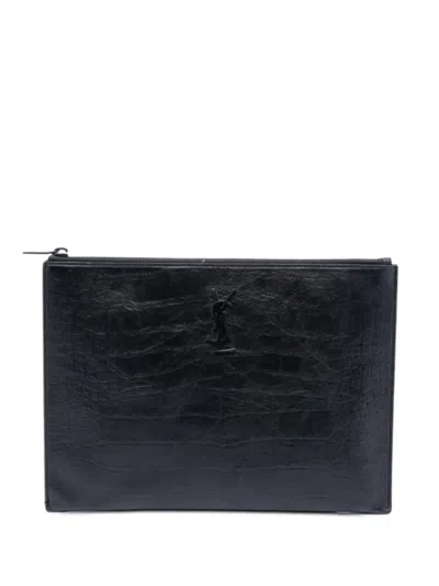Pre-owned Saint Laurent 2018 Croc Embossed Leather Monogram Document Holder Clutch Bag In Black