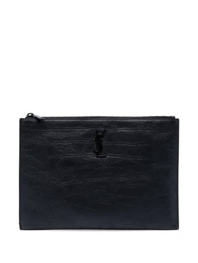 Pre-owned Saint Laurent 2018 Croc Embossed Leather Monogram Document Holder Clutch Bag In Black