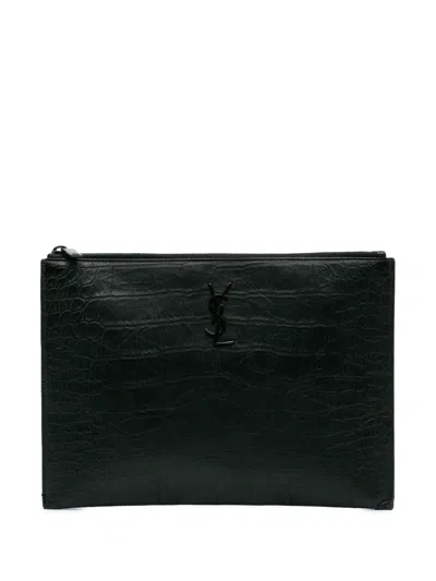 Pre-owned Saint Laurent 2018 Croc Embossed Leather Monogram Ipad Case Clutch Bag