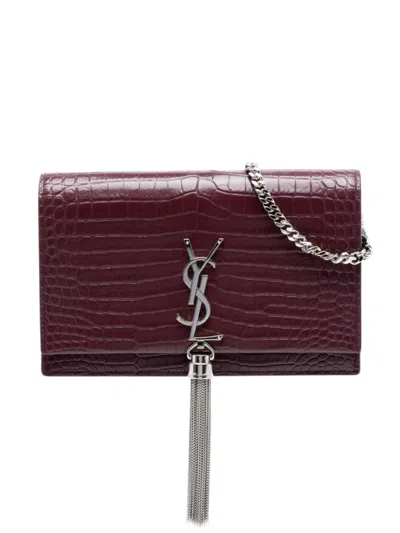 Pre-owned Saint Laurent 2018 Croc Embossed Leather Monogram Kate Tassel Wallet On Chain Crossbody Bag In Red