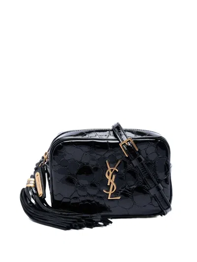 Pre-owned Saint Laurent 2018 Croc Embossed Patent Lou Belt Bag In Black