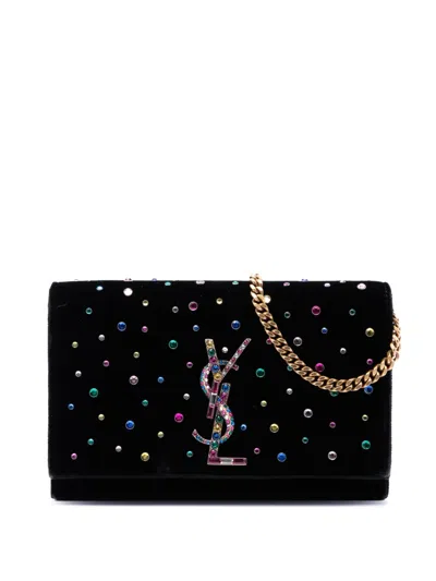 Pre-owned Saint Laurent 2018 Crystal Embellished Velvet Monogram Kate Wallet On Chain Crossbody Bag In Black