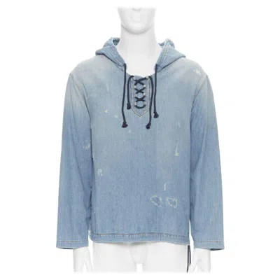 Pre-owned Saint Laurent 2018 Distressed Destroyed Denim Lace Up Hoodie Pullover S In Blue