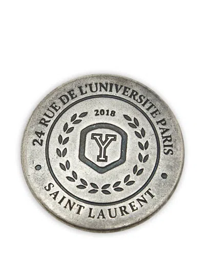 Pre-owned Saint Laurent 2018 Engraved Medallion Brooch In Silver