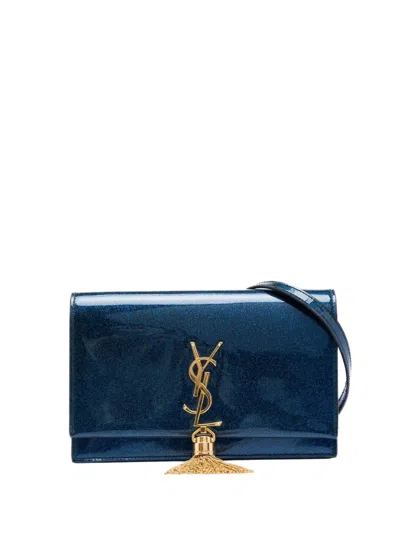 Pre-owned Saint Laurent 2018 Glitter Patent Monogram Kate Tassel Wallet On Chain Crossbody Bag In Blue
