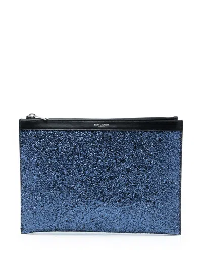 Pre-owned Saint Laurent 2018 Glittered Leather Zipped Tablet Pouch Clutch Bag In Black