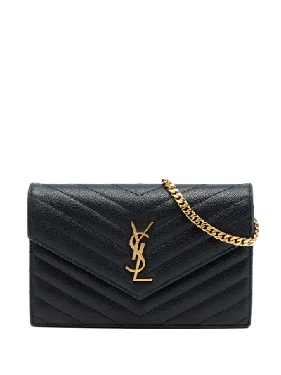 Pre-owned Saint Laurent 2018 Grain De Poudre Cassandre Envelope Chain Wallet Crossbody Bag In Black