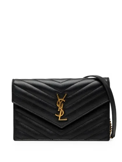 Pre-owned Saint Laurent 2018 Grain De Poudre Cassandre Envelope Chain Wallet Crossbody Bag In Black