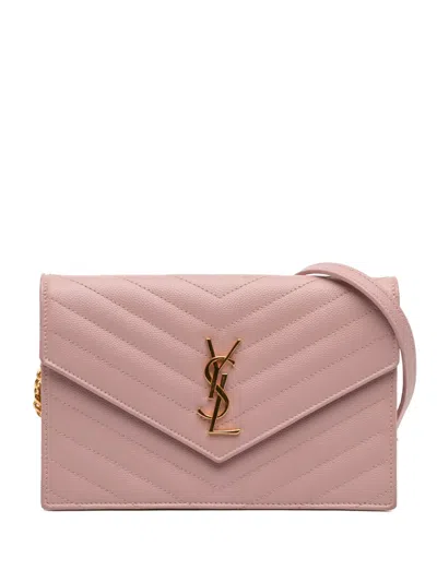 Pre-owned Saint Laurent 2018 Grain De Poudre Cassandre Envelope Chain Wallet Crossbody Bag In Pink