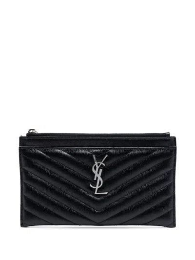 Pre-owned Saint Laurent 2018 Grain De Poudre Chevron Monogram Bill Pouch Clutch Bag In Black