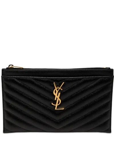 Pre-owned Saint Laurent 2018 Grain De Poudre Chevron Monogram Bill Pouch Clutch Bag In Black