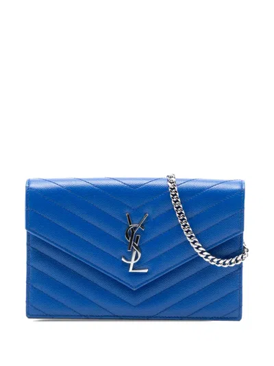 Pre-owned Saint Laurent 2018 Grain De Poudre Chevron Monogram Envelope Chain Wallet Crossbody Bag In Blue