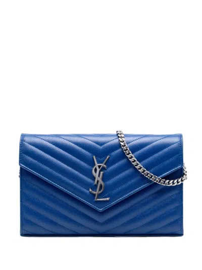 Pre-owned Saint Laurent 2018 Grain De Poudre Chevron Monogram Envelope Chain Wallet Crossbody Bag In Blue