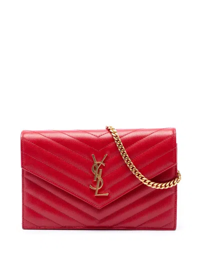 Pre-owned Saint Laurent 2018 Grain De Poudre Chevron Monogram Envelope Wallet On Chain Crossbody Bag In Red