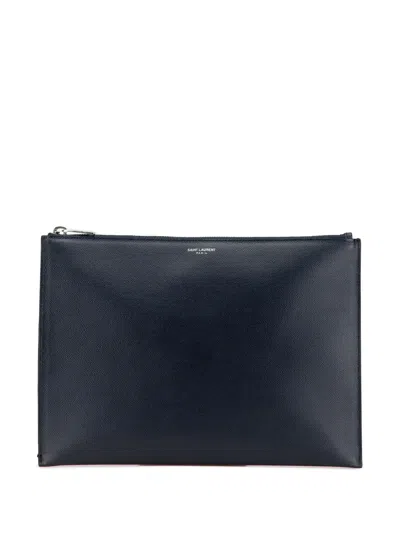 Pre-owned Saint Laurent 2018 Grain De Poudre Zip Clutch Bag In Blue