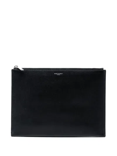 Pre-owned Saint Laurent 2018 Grained Leather Zip Clutch Bag In Black