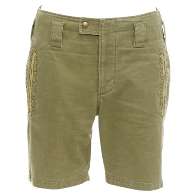 Pre-owned Saint Laurent 2018 Green Gold Cotton Ramie Embroidered Military Shorts Fr36 S